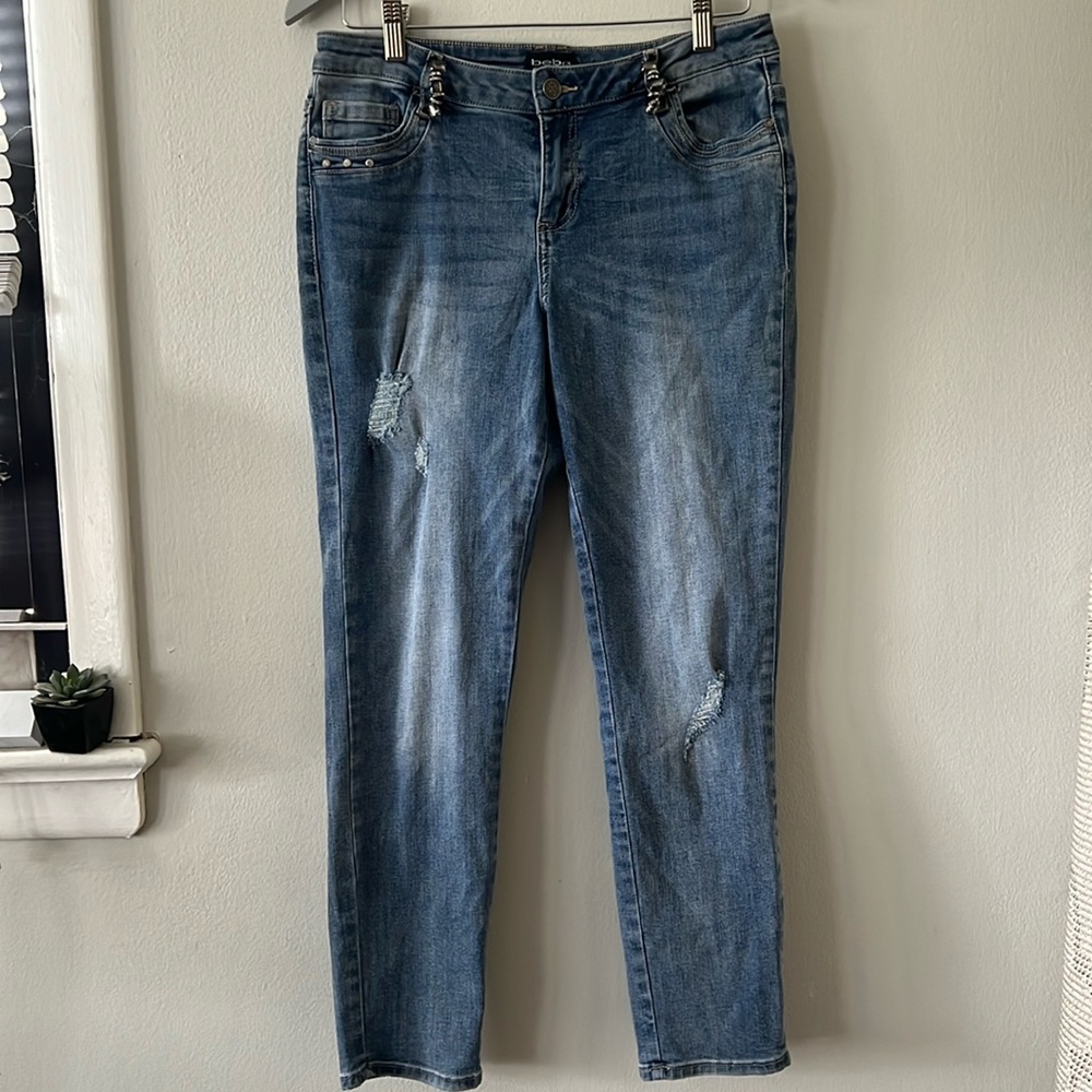 Bebe Supercharged Indigo Distressed Skinny Jeans Rhinestones size 31